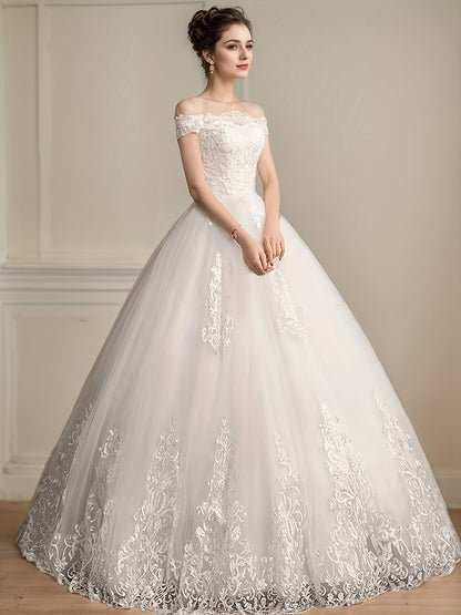 Ladies' Light Luxury Off-Shoulder Wedding Dress, Elegant Party Wear with Contrast Lace Embroidery for a Graceful and Look