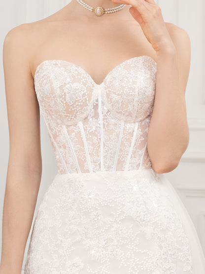 Candyce Lea Heart-Shaped Strapless Sequin Embroidered Wedding Dress with High-Low Hem & Train - Elegant Long Formal Gown for Weddings, Galas, Proms, Wedding Dresses for Bride, Wedding Guest Attire, Sophisticated Craftsmanship