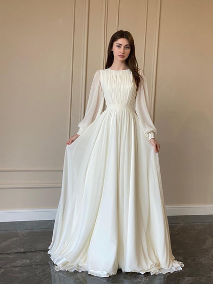 Elegant Wedding Dress Elegant White Satin Wedding Dress with Beaded Detail | Lantern Sleeves, Round Neck, Flowing Train - Perfect for Weddings and Formal Events, Wedding Dresses for Bride