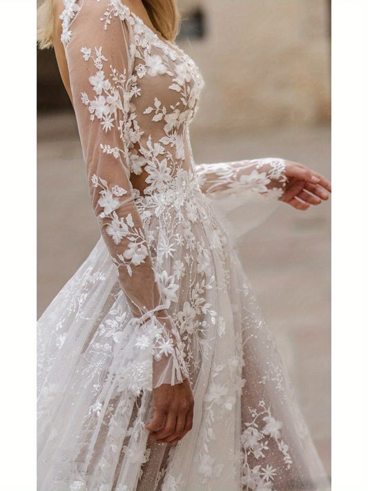 Women's Elegant Floral Lace Wedding Guest & Bridesmaid Dress - V-Neck Long Sleeve Semi-Sheer Floor-Length Evening Gown with Mermaid Silhouette for Weddings & Formal Events, Wedding Dress, Delicate Fabric Detail