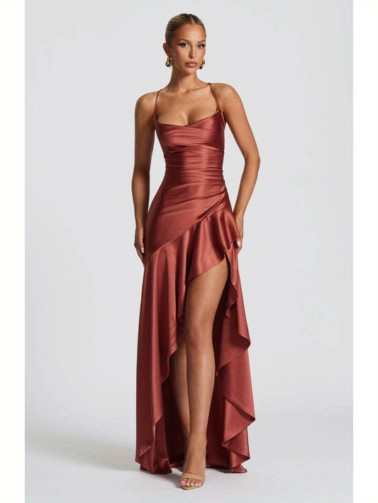 Elegant Black Bodycon Evening Gown with Asymmetrical Ruffle Hem and Spaghetti Straps - Backless V-Neck Long Formal Dress for Weddings, Special Occasions, Bridesmaid Parties, and Holiday Celebrations, Wedding Guest Attire | Asymmetrical Hemline | Ruched De