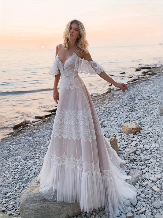 Elegant Off-Shoulder Lace Wedding Dress with Ruffled Sleeves and Long Train - V-Neck, Flowy Beach Bridesmaid Dress for Women, Perfect for Outdoor Ceremonies, Wedding Guest Attire|Elegant Offshoulder Design|Lace Detailing, Wedding Dresses for Bride