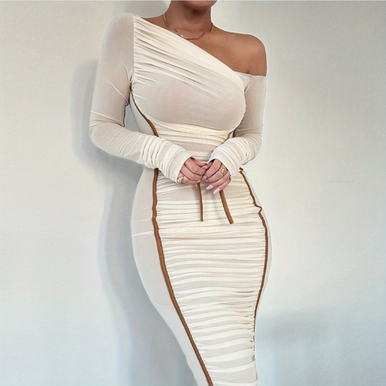 Asymmetric Neckline Diagonal Neckline Long Sleeve High Waist Empire Waist Mesh Overlay Tulle Dress Bridesmaid Dress Date Night Dress Elegance Sophistication Sexy Alluring Intelligent Refined Polished Office Wear Work Attire Fall Winter Wedding Guests