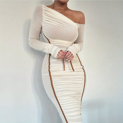 Asymmetric Neckline Diagonal Neckline Long Sleeve High Waist Empire Waist Mesh Overlay Tulle Dress Bridesmaid Dress Date Night Dress Elegance Sophistication Sexy Alluring Intelligent Refined Polished Office Wear Work Attire Fall Winter Wedding Guests