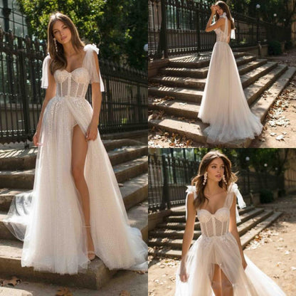 Women's Sexy Backless Wedding Dress - Elegant Formal gown with Waist-Cinching, Sleeveless Halter Neck, Butt-Lifting Fit, for Bridal, Prom, Party - Elegant Evening Gown, Bridal Wear, Sophisticated Construction, Slit Skirt, Prom Night