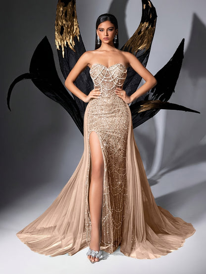 QOQ Women'S Elegant Strapless Beaded Mermaid Gown with High Slit & Backless Design - Mint Green Floor-Length Evening Dress for Weddings, Prom, Formal Events, Wedding Guest Attire, Sophisticated Craftsmanship