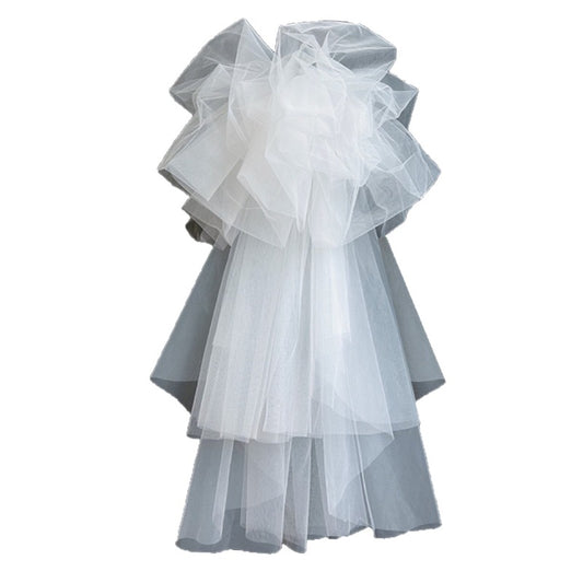 Elegant Korean-Style Wedding Dress with Fluffy Veil - White Lace & Tulle Bridal Gown, Ruffled Sleeves, and Floral Embellishments for Weddings, Photo Shoots, and Formal Events, Wedding Dresses for Bride, Event Elegance, Sophisticated Craftsmanship