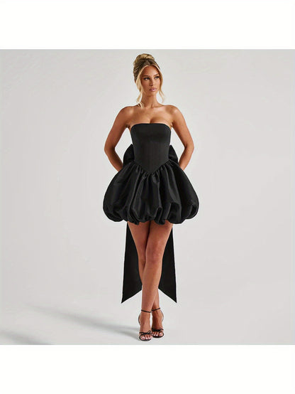 Elegant Off-Shoulder Ruffle Mini Dress with Large Bow Detail - Sleeveless, High-Low Hemline, Perfect for Weddings, Parties, and Formal Events, Formal Event Attire|Ruffle Detail Dress|Polyester Fabric