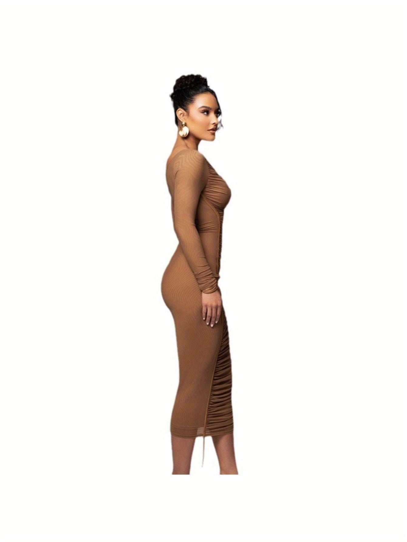 Asymmetric Neckline Diagonal Neckline Long Sleeve High Waist Empire Waist Mesh Overlay Tulle Dress Bridesmaid Dress Date Night Dress Elegance Sophistication Sexy Alluring Intelligent Refined Polished Office Wear Work Attire Fall Winter Wedding Guests