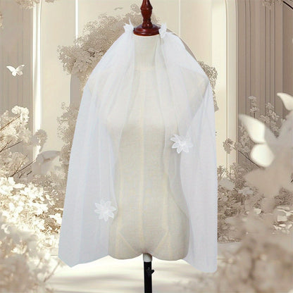 Elegant White Tulle Bridal Veil for Women - V-Neck with Floral Applique, Long Sleeve, Perfect for Weddings and Formal Events, Wedding Dress Accessory, Sophisticated Craftsmanship