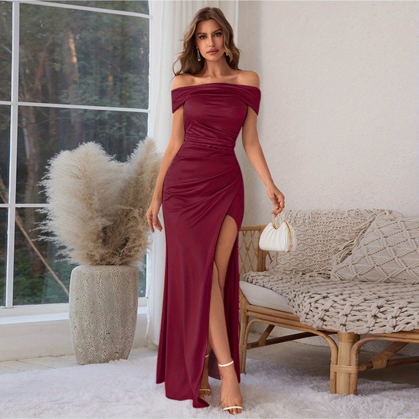 Elegant Off-Shoulder Red Gown Elegant Off-Shoulder Red Gown with High Slit - Sleeveless, Form-Fitting, Perfect for Weddings, Parties, and Formal Events, Formal Event Attire|Sleek Fitted Gown|Asymmetrical Neckline, Dress