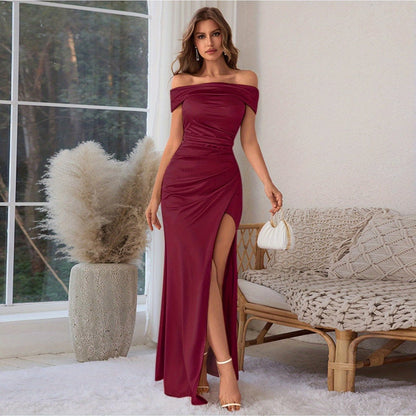 Elegant Off-Shoulder Red Gown Elegant Off-Shoulder Red Gown with High Slit - Sleeveless, Form-Fitting, Perfect for Weddings, Parties, and Formal Events, Formal Event Attire|Sleek Fitted Gown|Asymmetrical Neckline, Dress