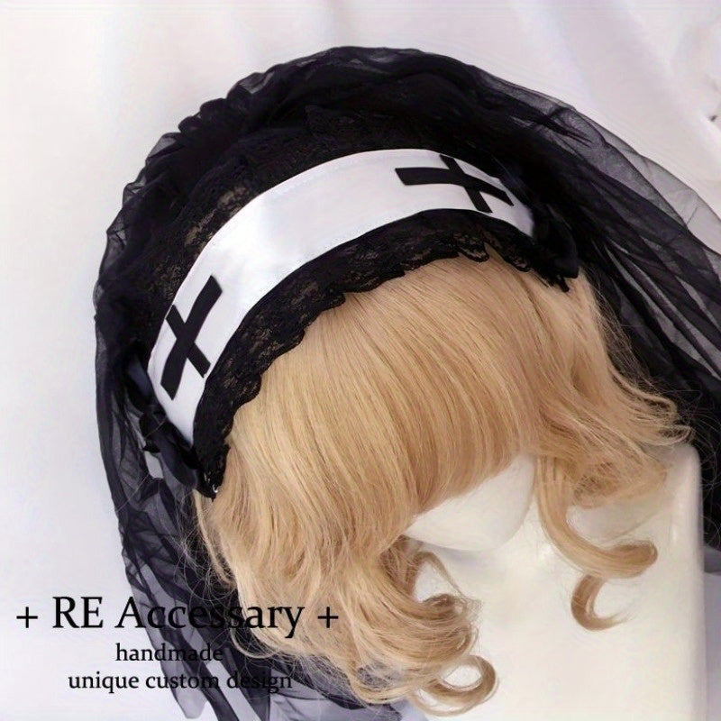 Handmade Original Dark Night Virgin Church Cross Embroidered Rhinestone Shawl Veil