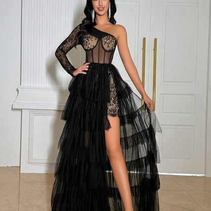 Women's Elegant One-Shoulder prom, Wedding & Party Dress - Long Formal gown with Lace Panels, Fit-and-Flare silhouette, Structured Non-Stretchy Fabric for Evening Events - QOQ Formal Attire, Special Occasion, Aline Silhouette, Delicate Detailing, Stylish