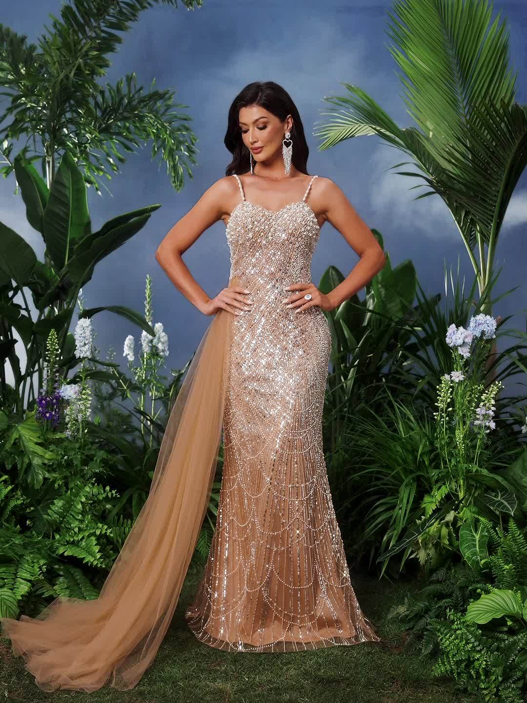 QOQ Elegant Beige Mermaid Evening Gown with Sparkling Beadwork & Train - Sleeveless, Bodycon Design for Weddings, Prom, Parties, Formal Events, Wedding Guest Attire, Sophisticated Craftsmanship