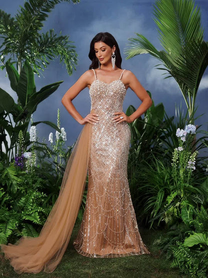 QOQ Elegant Beige Mermaid Evening Gown with Sparkling Beadwork & Train - Sleeveless, Bodycon Design for Weddings, Prom, Parties, Formal Events, Wedding Guest Attire, Sophisticated Craftsmanship