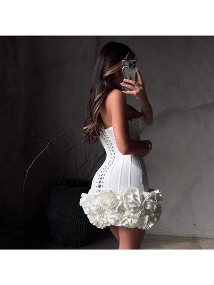 Women's Elegant 3D Handmade Floral Bandage Corset Mermaid\u002FTrumpet Mini Dress with Ruffled Hem & Long Sleeve\u002FStrapless Neckline - Structured Bustier Gown for Red Carpet, Cocktail Parties, Bridal Events - Spring\u002FAutumn Formal Evening Dress in