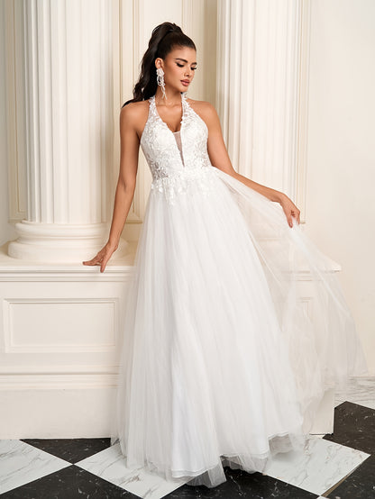 CANDYCE LEA Elegant Halter Neck Mermaid Wedding Dress with Deep V-Neck, Lace Embroidery & Tulle Skirt - Long Sleeveless A-Line Formal Gown for Bridal Ceremonies, Wedding Dresses for Bride, Ceremonial Attire, Sophisticated Craftsmanship