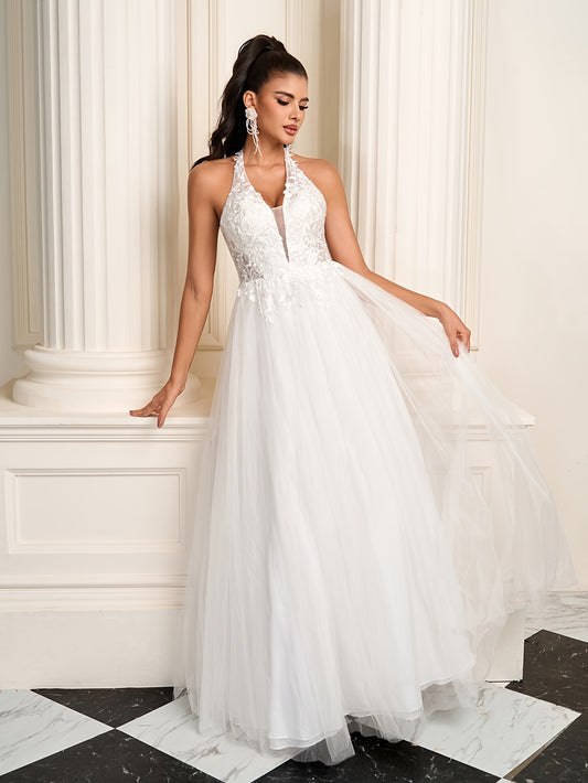 CANDYCE LEA Elegant Halter Neck Mermaid Wedding Dress with Deep V-Neck, Lace Embroidery & Tulle Skirt - Long Sleeveless A-Line Formal Gown for Bridal Ceremonies, Wedding Dresses for Bride, Ceremonial Attire, Sophisticated Craftsmanship