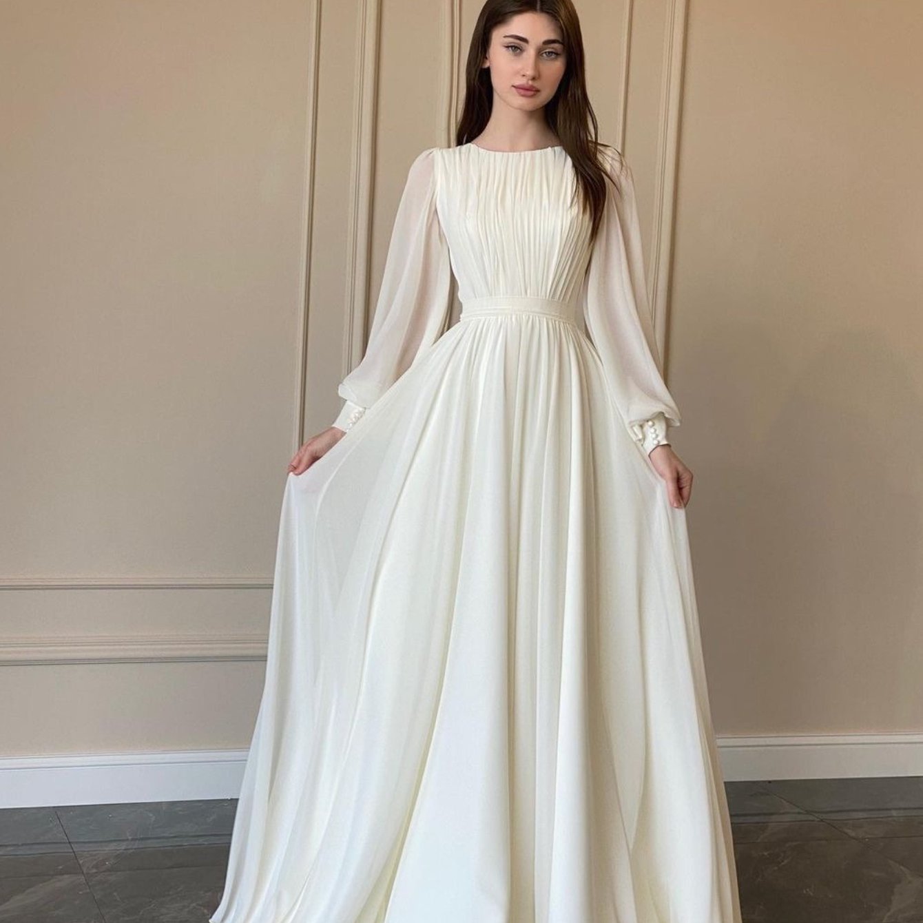 Elegant Wedding Dress Elegant White Satin Wedding Dress with Beaded Detail | Lantern Sleeves, Round Neck, Flowing Train - Perfect for Weddings and Formal Events, Wedding Dresses for Bride