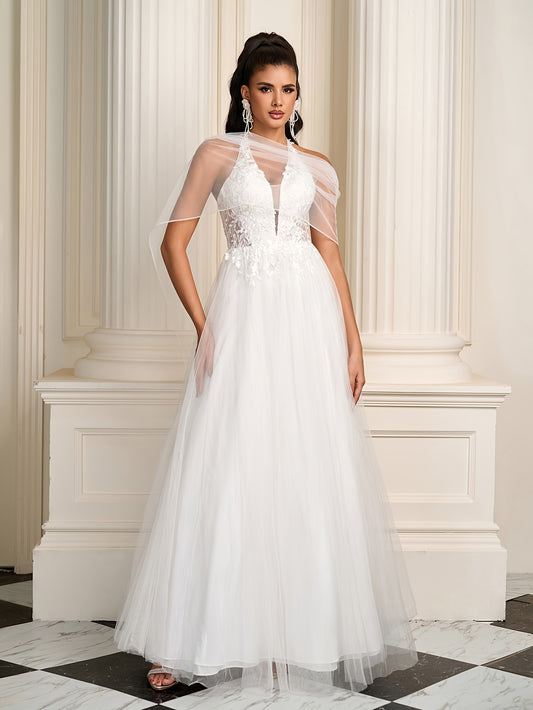 CANDYCE LEA Elegant Halter Neck Mermaid Wedding Dress with Deep V-Neck, Lace Embroidery & Tulle Skirt - Long Sleeveless A-Line Formal Gown for Bridal Ceremonies, Wedding Dresses for Bride, Ceremonial Attire, Sophisticated Craftsmanship