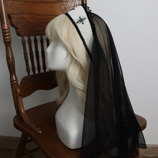 Handmade Original Dark Night Virgin Church Cross Embroidered Rhinestone Shawl Veil