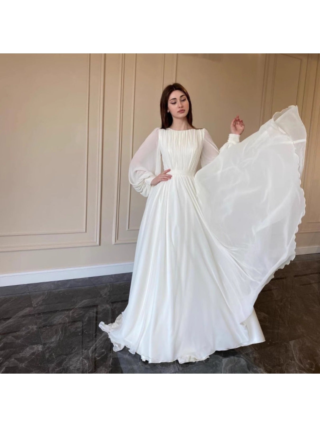 Elegant Wedding Dress Elegant White Satin Wedding Dress with Beaded Detail | Lantern Sleeves, Round Neck, Flowing Train - Perfect for Weddings and Formal Events, Wedding Dresses for Bride