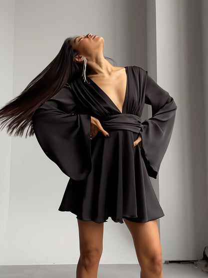 French Satin Bell Sleeve Mini Dress Deep V Neck Cocktail Dress Adjustable Waist Tie 4Season Party Wear for Galas Weddings Date Nights Cocktail Parties Wedding Receptions Anniversary Dinners Holiday Galas Romantic Dates Red CarpetsModern RetroElegance, Ele