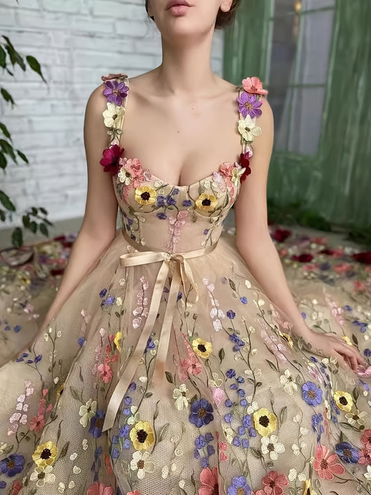 Elegant Floral Dress Elegant and Fashionable Floral Embroidery Belted Dress, Romantic Formal Dress