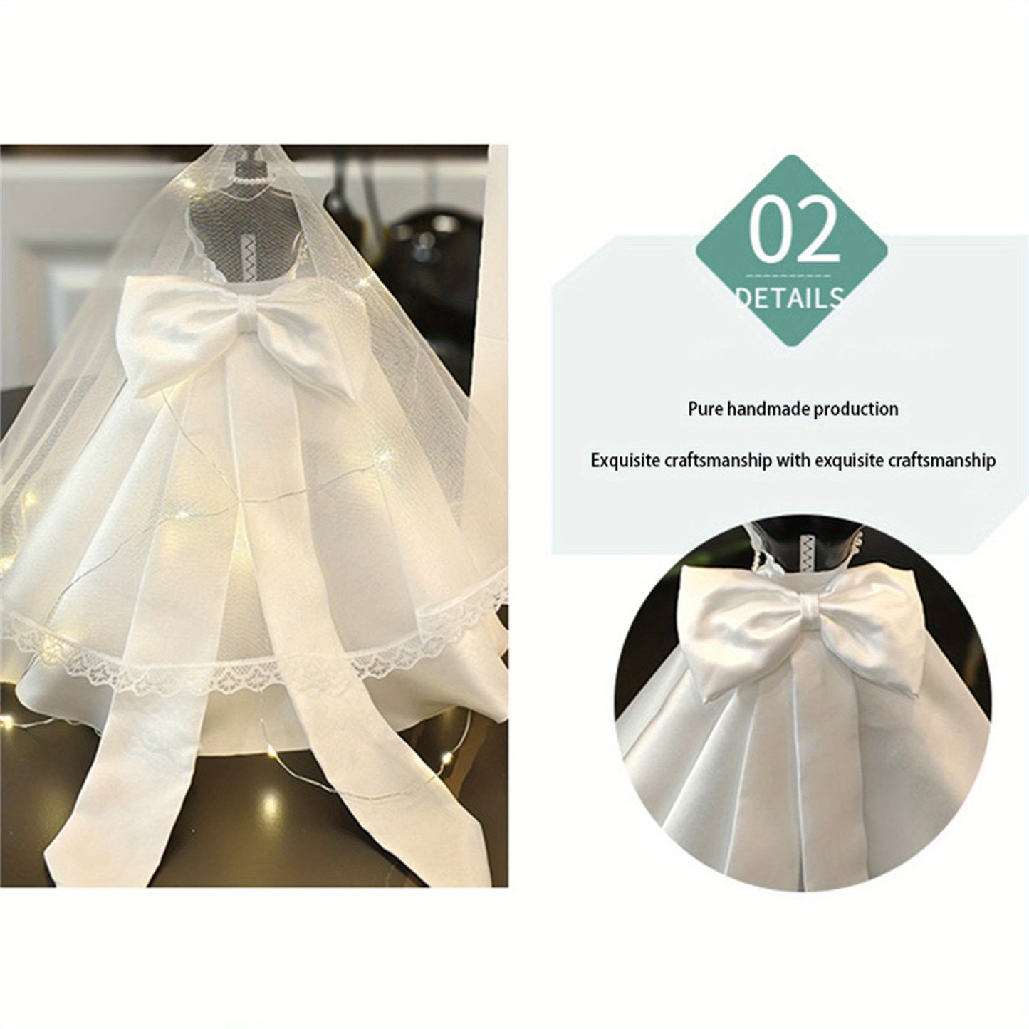 Wedding White Satin Dress Model with Veil and Pearl Necklace and Greeting Card Rhinestone Decor Clothes