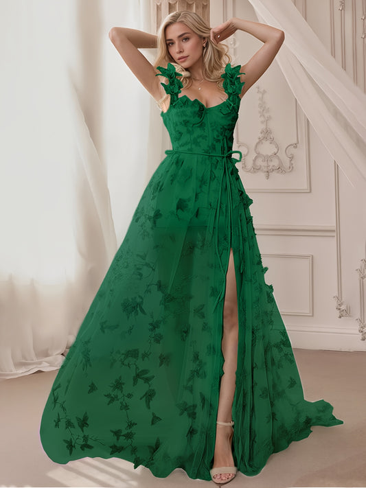 Women'S Elegant Off-Shoulder\u002FOne-Shoulder Lace Trimmed Evening Gown - Floor-Length Formal Wedding Dress with Butterfly Pattern, A-Line Silhouette & Convertible Train, All-Season Wear for Beach Balls, Galas, Prom, Birthdays - Timeless Silhouette in Em