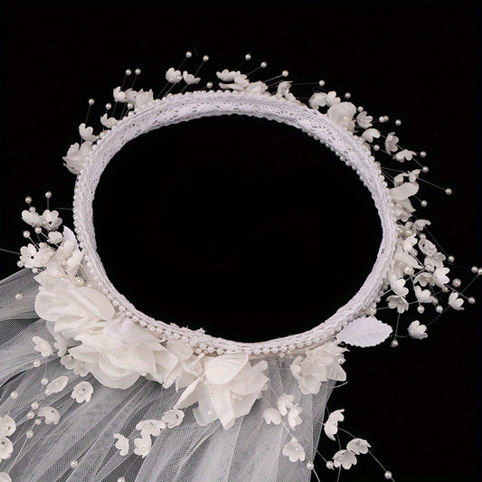 Elegant Korean-Inspired Handmade Beaded Floral Headscarf - Sheer Lace Bridal Veil with Intricate Beads, Perfect for Weddings, Outdoor Ceremonies & Photo Shoots, Wedding Dresses for Bride