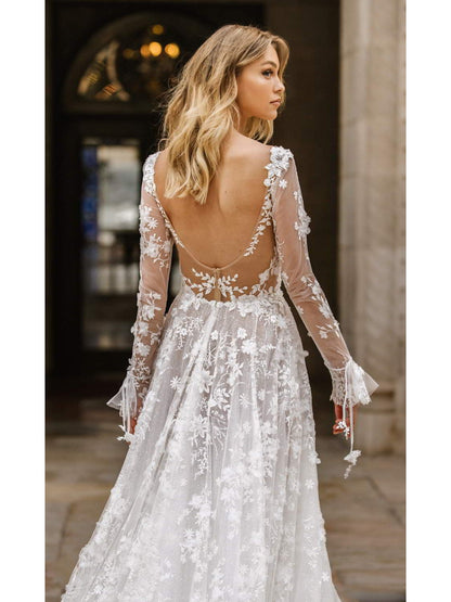 Women's Elegant Floral Lace Wedding Guest & Bridesmaid Dress - V-Neck Long Sleeve Semi-Sheer Floor-Length Evening Gown with Mermaid Silhouette for Weddings & Formal Events, Wedding Dress, Delicate Fabric Detail