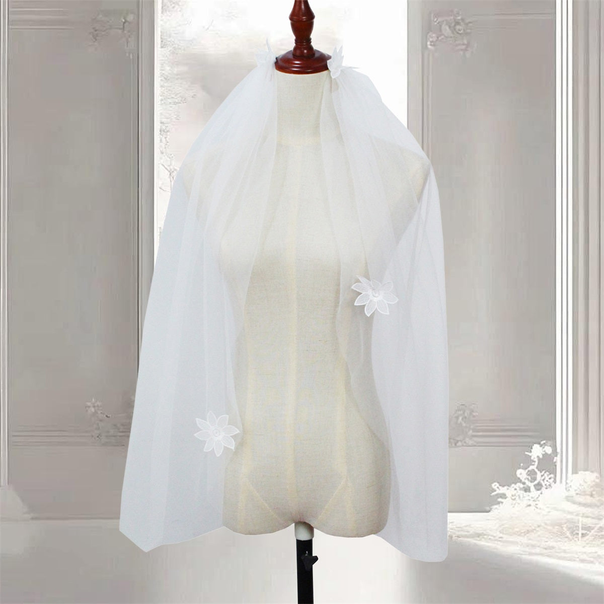 Elegant White Tulle Bridal Veil for Women - V-Neck with Floral Applique, Long Sleeve, Perfect for Weddings and Formal Events, Wedding Dress Accessory, Sophisticated Craftsmanship