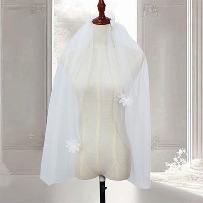 Elegant White Tulle Bridal Veil for Women - V-Neck with Floral Applique, Long Sleeve, Perfect for Weddings and Formal Events, Wedding Dress Accessory, Sophisticated Craftsmanship