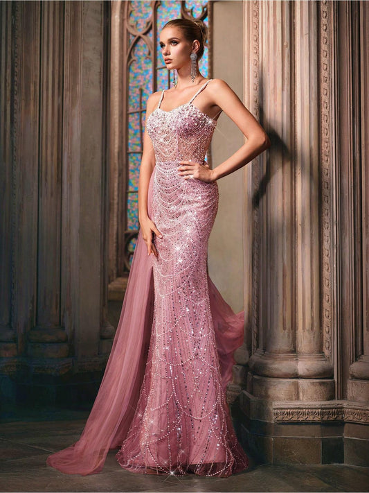 QOQ Elegant Mermaid Tulle Wedding Guest Dress with Beaded Detailing, Long Sleeve, Drop Shoulder, and Floor-Length Skirt - Solid Color, Perfect for Graduation, Prom, or Formal Events, Prom Dress
