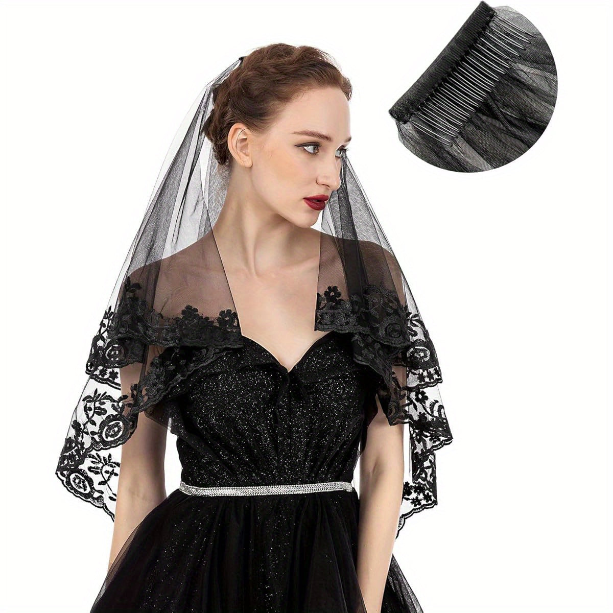 PAMOR Black Lace Cathedral Tulle Veil with Hand- Sewn Metal Comb - Elegant Sheer Bridal Veil for Weddings, Halloween, and Formal Events, Polyester and Spandex Blend, Wedding Veil | Elegant Veil | Intricate Lace Detailing, Wedding Dresses for Bride