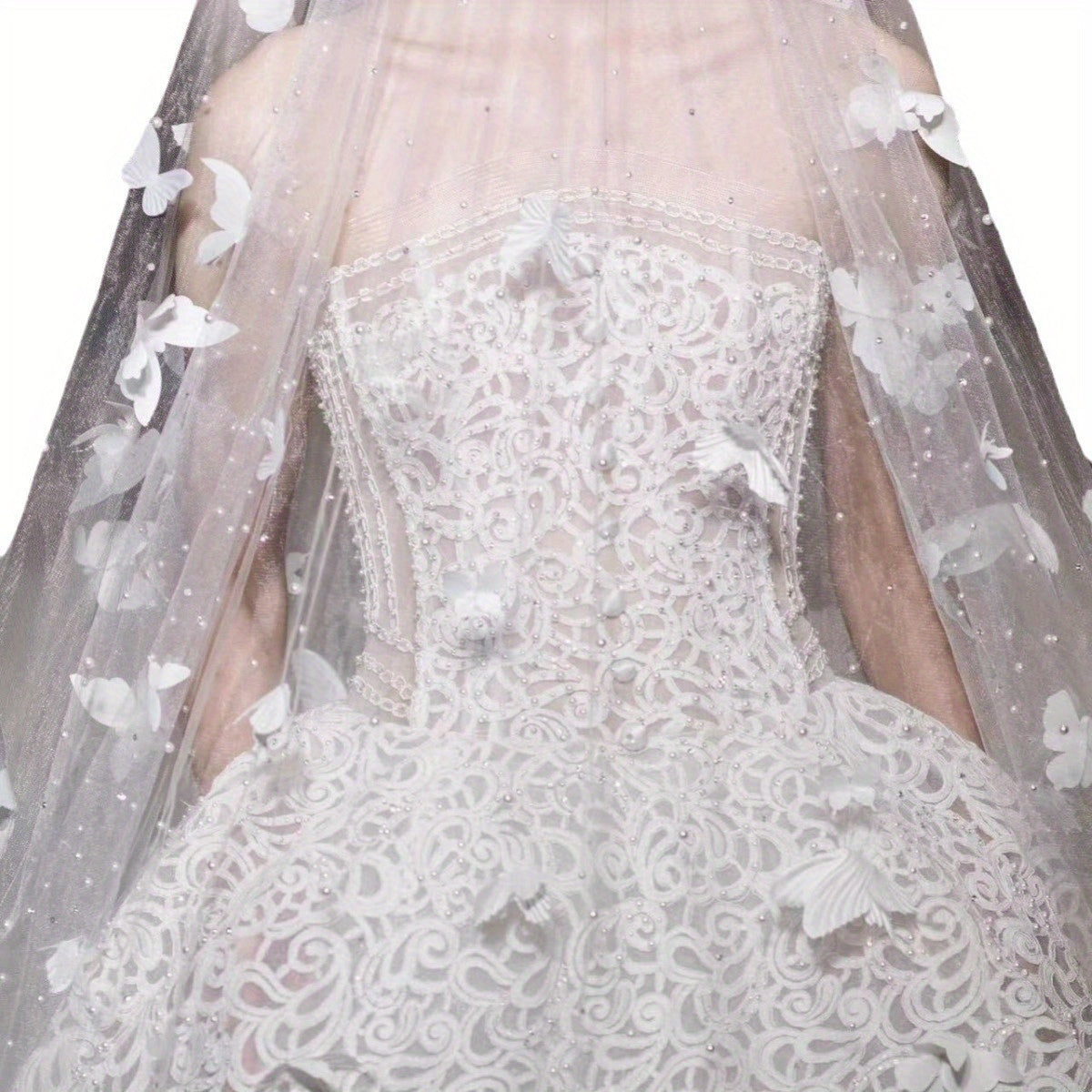 Elegant White Butterfly Lace Bridal Veil with Pearl Embellishments - Long Train Cathedral Wedding Gown for Brides, Bohemian Forest Luxury Bridal Accessories, Wedding Dresses for Bride, Sophisticated Craftsmanship