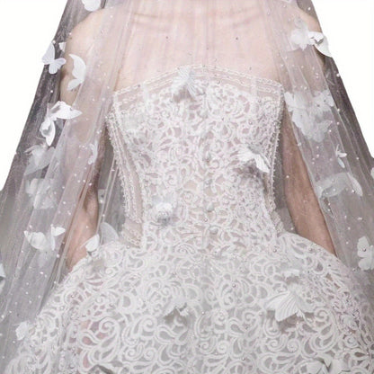 Elegant White Butterfly Lace Bridal Veil with Pearl Embellishments - Long Train Cathedral Wedding Gown for Brides, Bohemian Forest Luxury Bridal Accessories, Wedding Dresses for Bride, Sophisticated Craftsmanship