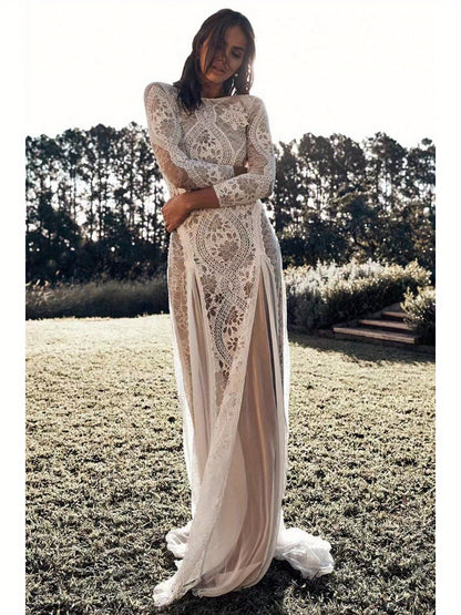 2025 European & American Women's Sexy Elegant Backless Lace Wedding Dress - Round Neck Long Sleeve A-Line Silhouette with Vertical Pleats, Machine Washable Bridal Gown for Weddings & Formal Events