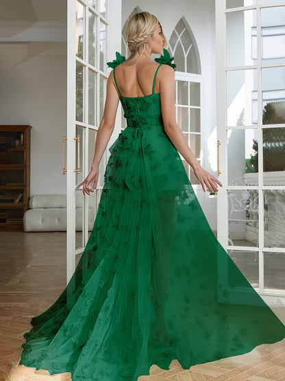 Women'S Elegant Off-Shoulder\u002FOne-Shoulder Lace Trimmed Evening Gown - Floor-Length Formal Wedding Dress with Butterfly Pattern, A-Line Silhouette & Convertible Train, All-Season Wear for Beach Balls, Galas, Prom, Birthdays - Timeless Silhouette in Em