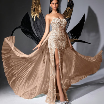 QOQ Women'S Elegant Strapless Beaded Mermaid Gown with High Slit & Backless Design - Mint Green Floor-Length Evening Dress for Weddings, Prom, Formal Events, Wedding Guest Attire, Sophisticated Craftsmanship