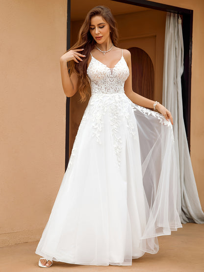 Elegant Backless Wedding Dress Elegant Backless Wedding Dress with Delicate Embellishments - Women's Formal Party Gown for Bridal, Prom, Galas, Year-Round Formal Attire, Evening Gown, Spaghetti Strap, Flowy Train, Non-Stretchy Fabric