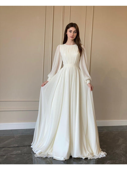 Elegant Wedding Dress Elegant White Satin Wedding Dress with Beaded Detail | Lantern Sleeves, Round Neck, Flowing Train - Perfect for Weddings and Formal Events, Wedding Dresses for Bride