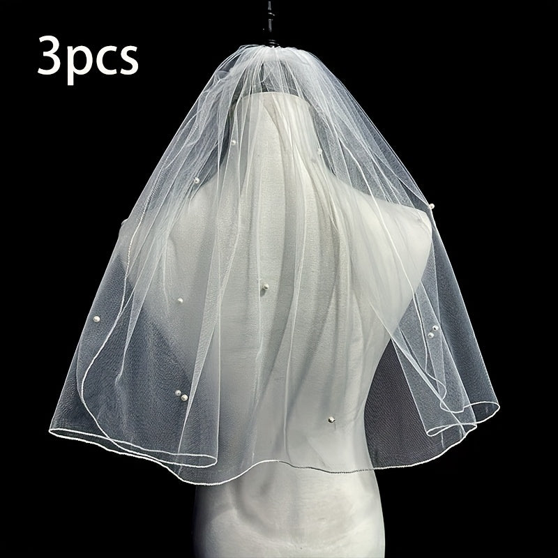 3pcs Of Women'S Minimalist Style Wedding Dresses, Suitable For Short Wedding Photography Accessories With Headband And Comb (47cm\u002F18.5 Inches)