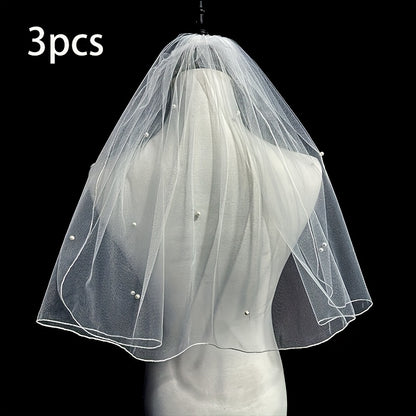 3pcs Of Women'S Minimalist Style Wedding Dresses, Suitable For Short Wedding Photography Accessories With Headband And Comb (47cm\u002F18.5 Inches)