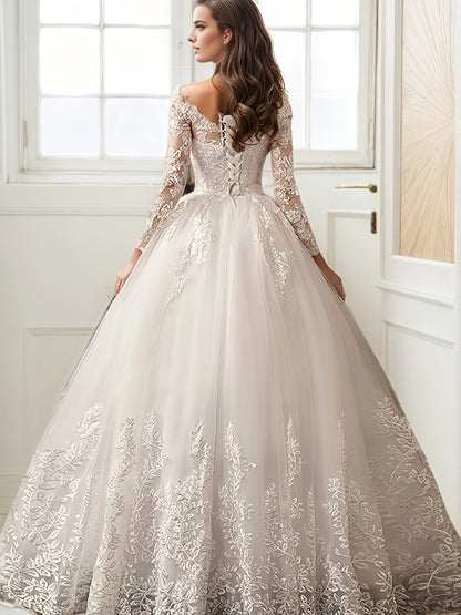 One-Piece Women's Off-Shoulder Light Luxury A-Line Wedding Dress, Fine Contrast Lace Embroidery, Elegant and Graceful Party Wear