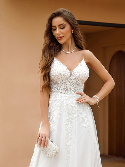 Elegant Backless Wedding Dress Elegant Backless Wedding Dress with Delicate Embellishments - Women's Formal Party Gown for Bridal, Prom, Galas, Year-Round Formal Attire, Evening Gown, Spaghetti Strap, Flowy Train, Non-Stretchy Fabric