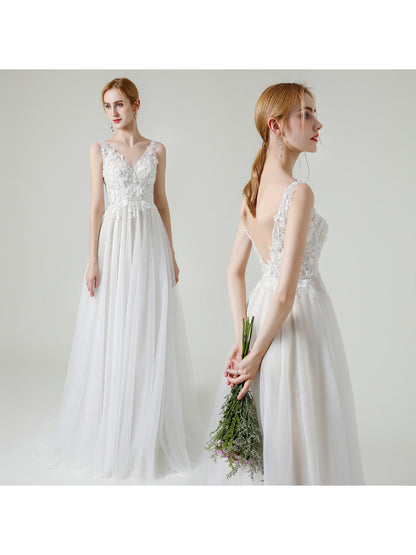 Light Wedding Dress with Train 2025 New Lace Travel Photography Simple Elegant Banquet Host Evening Gown for Women
