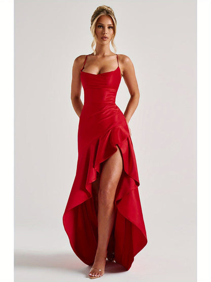Elegant Black Bodycon Evening Gown with Asymmetrical Ruffle Hem and Spaghetti Straps - Backless V-Neck Long Formal Dress for Weddings, Special Occasions, Bridesmaid Parties, and Holiday Celebrations, Wedding Guest Attire | Asymmetrical Hemline | Ruched De